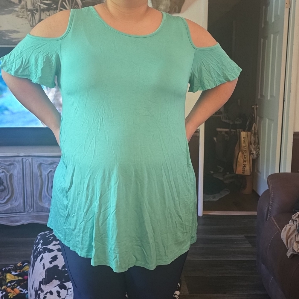 Green Flutter Sleeve Blouse with Ruffled Cut Out